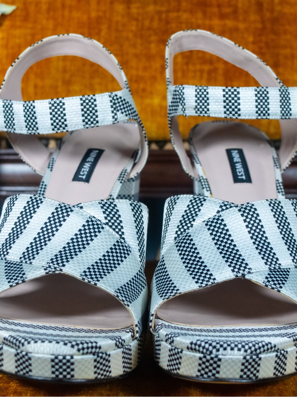 SIZE 12 Nine West Black & White Striped Platform Sandals